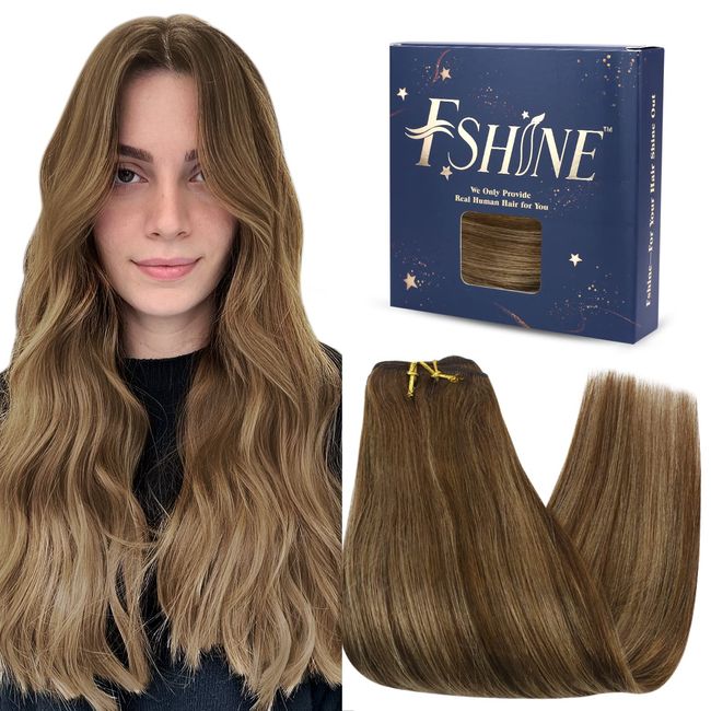 Fshine Weft Extensions Echthaar 20 Zoll/50cm Weft Human Hair Mittelbraun Bis Karamellbraun Mit Braun Balayage Remy Echthaar Tressen Zum Einnähen Glatt Weft Extensiones 100 Gramm #4/24/4