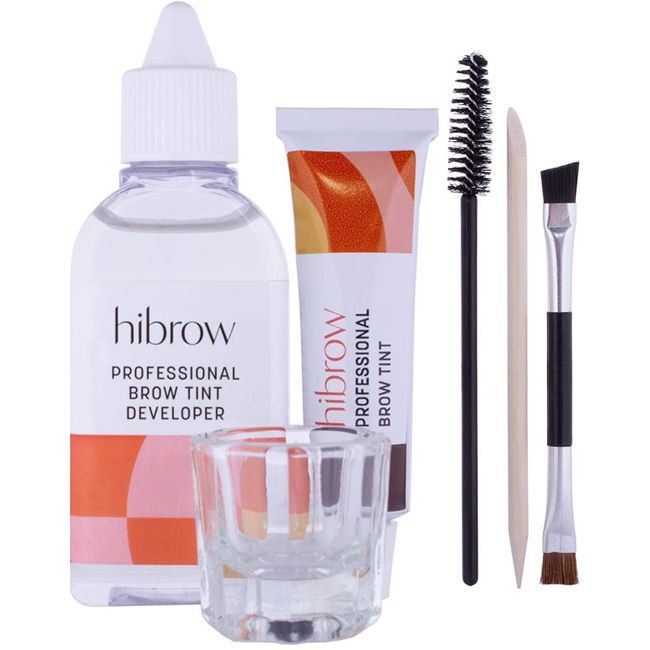 Hi Brow Professional Tinting Kit - Eyebrow Dye Full Size Set - 15ml Tint, 50ml Tint Developer, Glass Mixing Dish, Dual End Brush, Mascara Wand, Orange Wood Stick (Dark Brown)