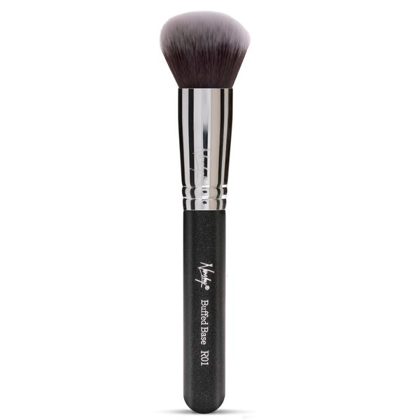 Nanshy Kabuki Foundation Brush for Liquid Makeup - Round Buffer Brush - Buffed Base R01 - Expert face for Buffing & Blending - (Black/Chrome, Full Size)