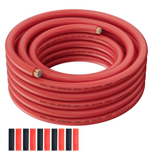 8 Gauge Wire 50FT, Primary Automotive Amplifier Power/Ground Wire, Car Battery Cable, Car Audio Amplifier, Car Fuse, 8AWG Copper Clad Aluminum CCA, Translucent Red Cable with 10 Heat Shrink Tubing