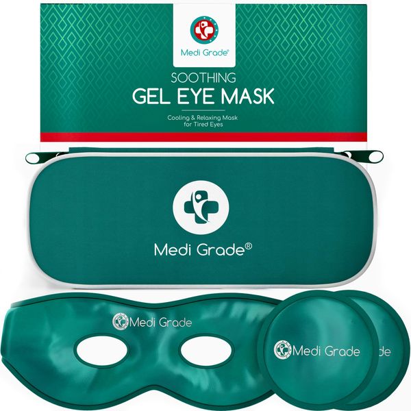 Medi Grade Cooling Eye Mask for Puffy Eyes, Allergies, Sinuses - Reusable Gel Eye Mask and Cooling Eye Pads with Thermo-bag for Dark Circles, Hangovers and Migraine Relief - Cold Eye Mask