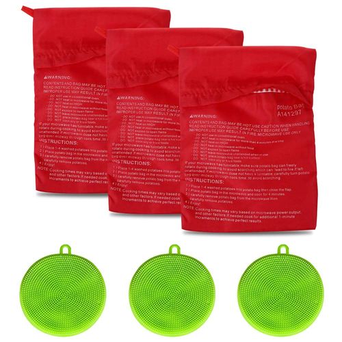3 Pack of Microwave Potato Bag Kit, with 3PCS Silicone Vegetable Scrubber Brush, Reusable Baked Potato Pouch and Multipurpose Silicone Dish Sponge (Green)