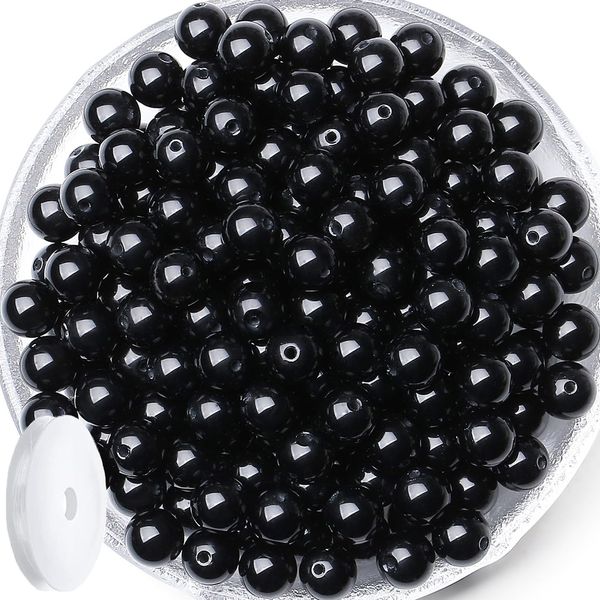 QINJIEJIE 100PCS Black Obsidian Beads 8mm Natural Stones Beads Round Loose Gemstones Crystals Bead for DIY Bracelet Beading Jewelry Making Necklace Earrings 0.32" Crystal Stone