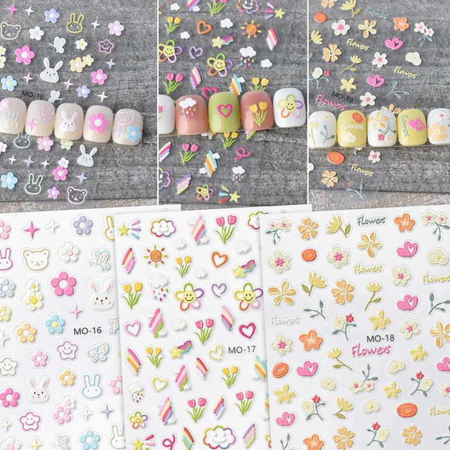 6 Sheets Nail Stickers for Nail Art - SHANRUN 5D Relief Self Adhesive Cute Flowers Animals Butterfly Winter Spring Nail Art Stickers for Nail DIY Designs Nail Decals Decorations for Women Kids Girls