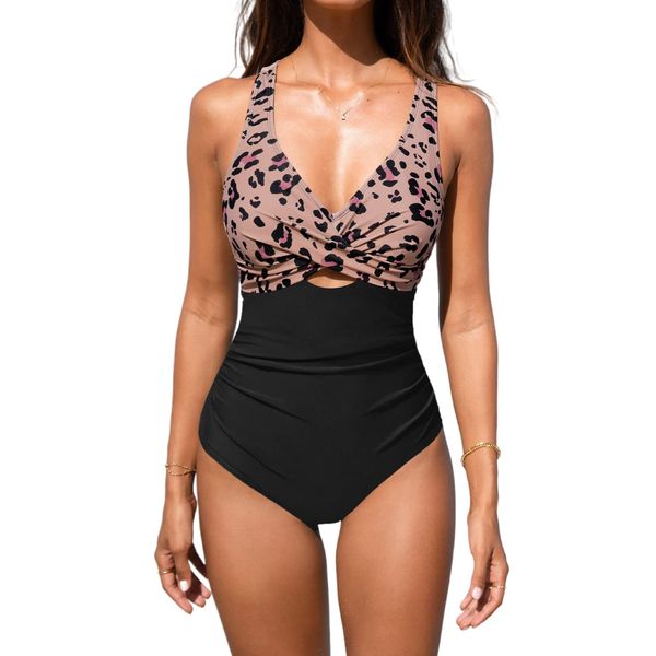 CUPSHE Women Swimsuit One Piece Wrap Ruched Tummy Control Swimwear Push Up V Neck Crisscross Back High Waisted Swimming Costume Black/Leopard M