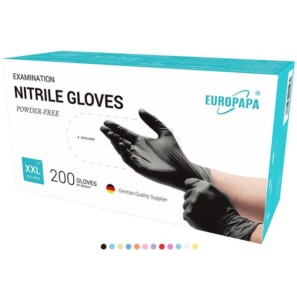 EUROPAPA 200x Nitrilhandschuhe Box Einweghandschuhe, Einmalhandschuhe, Untersuchungshandschuhe, Nitril Handschuhe, puderfrei, ohne Latex, unsteril, latexfrei, disposible gloves (XXL, Schwarz)