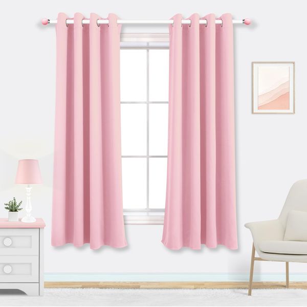 Mrs.Naturall Baby Pink Blackout Curtains for Nursery Bedroom,Thermal Insulated Block Heat Light Blocking Room Darkening Window Curtain for Girls Bedroom Kids,63 Inch Length 2 Panels