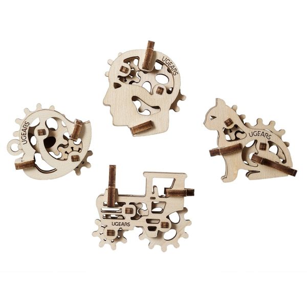 UGEARS 70029 U-Fidgets Tribiks Puzzle Pieces Set with 4 Models Anti-Stress 3D Puzzle Self Assembly Kit 4 Mini Miniature Model Mechanical Models Plywood Construction Kit