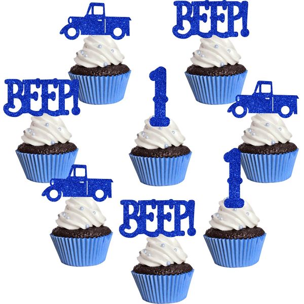 24Pcs Blue Truck 1st Birthday Cupcake Toppers Blue Truck Beep Beep Beep Cake Decorations for Boys and Girls Farm Themed 1st Birthday Party Decor Glitter Cake Decor Car Themed Party Supplies