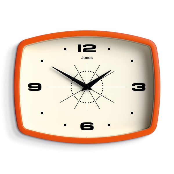 JONES CLOCKS® Movie Retro Wall Clock - Square Clock - Rectangular Clock - Kitchen Clock - Office Clock - Retro Clock - Designer Clock - Colourful Case - Arabic Numerals (Orange)