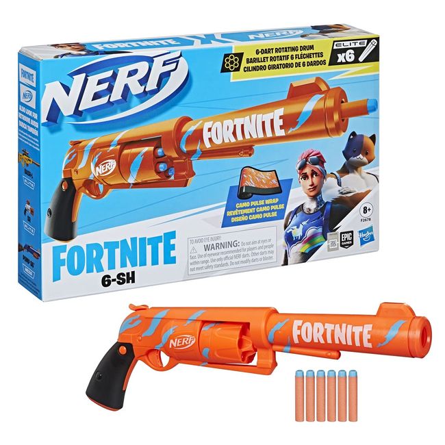 Nerf Fortnite 6-SH Blaster, 6 Official Nerf Elite Darts, 6 Darts Spinning Drum, Hammer Action, Camo Pulse Wrap, Fortnite Gift