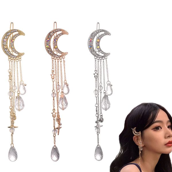 3 PACK Rhinestone Moon Tassel Hair Clip Crystal Hair Barrette Vintage Fringed Crescent Hair Clips Hair Accessory Headdress for Women and Girls