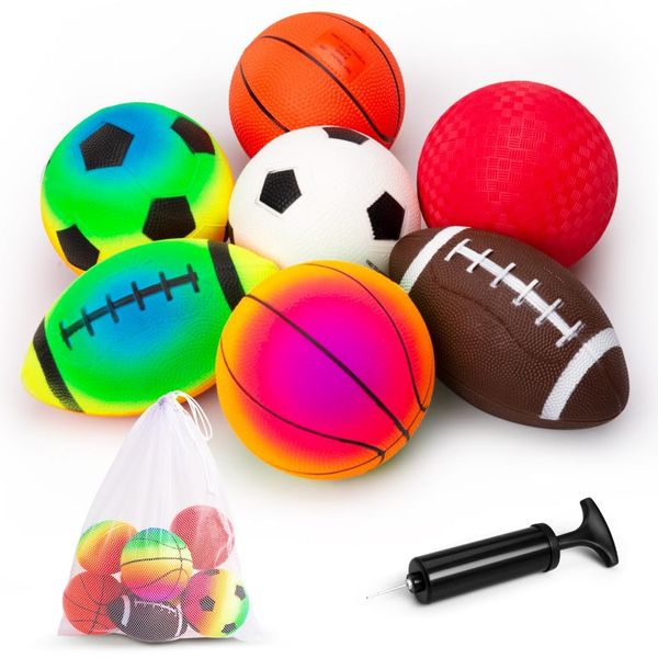 INPODAK 7pcs Balls for Toddlers 1-3, Rainbow Balls, 5 Inches PVC Football, Mini Basketball, Small Playground Ball, Backyard Game Balls Set for Indoor Outdoor