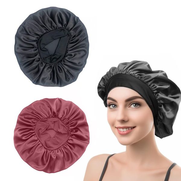 2 Pcs Satin Bonnet, Silk Bonnet for Sleeping, Shower Cap, Silk Bonnet for Curly Hair, Wide Elastic Band Satin Bonnet, Makeup Hair Care Elastic Hat, Night Sleep Cap for Women Girls (Black, Rose Gold)