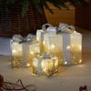 Marco Paul Christmas Set of 3 Snow Frosted Light Up Faux Gift Boxes Pre-Lit Warm White LED Parcels Battery Operated Festive Decoration Xmas Sparkly Gifts (Gold and Silver)