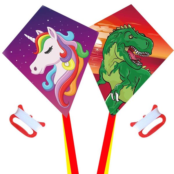 Diamond Kite [2 Pack] Dinasour+Unicorn Eddy Kite, Beginners Kite for Children, Wonderful Beginner Kite for 3 Years up, 60x70cm with 2x300cm Long Tails, Kite Handle, 60m String and Swivel incloud