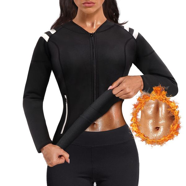 Bingrong Damen Sauna Effekt Anzug Taille Waist Trainer Fitness Lange Ärmel Neopren Shirt Abnehmen Training Korsett Bauchweg Schwitzeffekt Schwitzjacke Thermo Body Shaper(Schwarz, Medium)