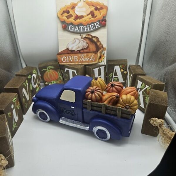 4 Pc Fall Thanksgiving Farmhouse Blue Pumpkin Pick-Up Truck Decor. New Cute