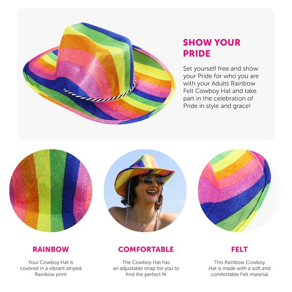 Adults Rainbow Cowboy Hat - Pack of 1 - Multicoloured Cowboy Hat with Adjustable String - Pride Month Pride Events Pride Marches Wild West Fancy Dress Accessory