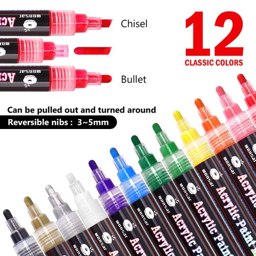 wonsar Acrylic Paint Pens for Rock Painting Stones Ceramic Porcelain Glass Pebbles Fabric Wood Kids DIY Canvas (12 Medium Tip)