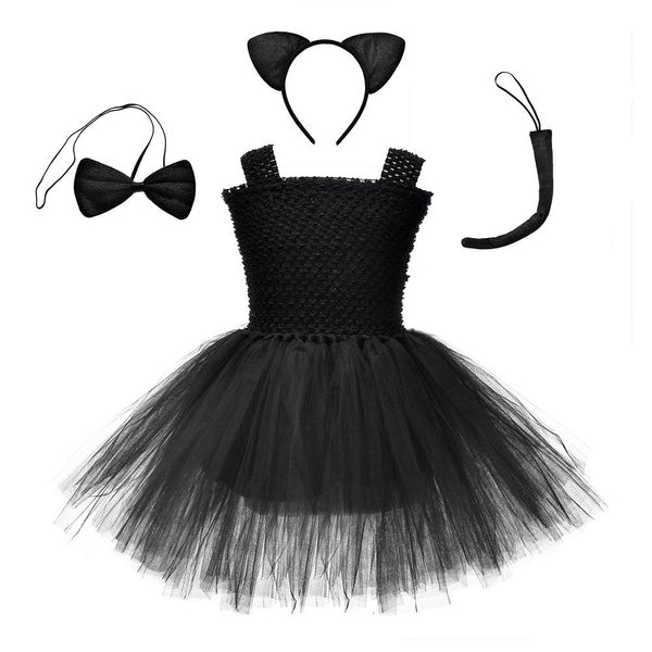 Children’s Halloween Solid Color Cat Costume Mesh Tutu Dress & 1-Piece Jewelry Sets - Kids S (80-90) / Black