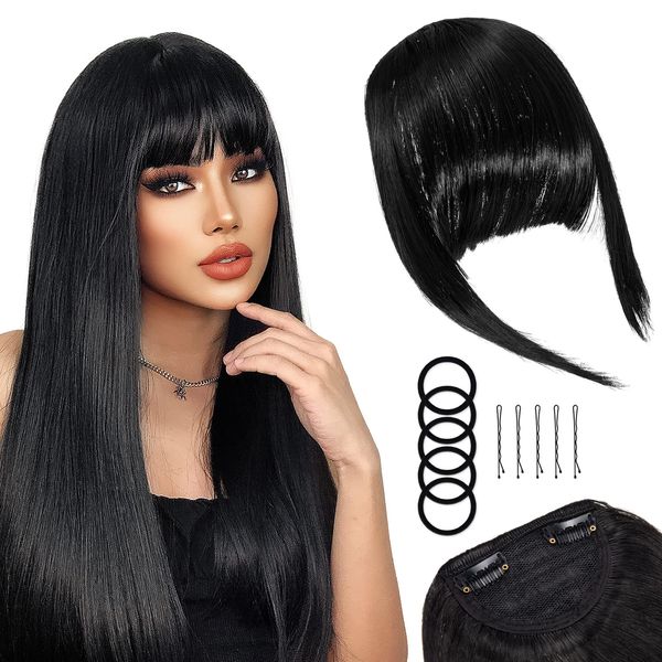 Clip in Pony Haarverlängerung Haarteil, Clip in Fransen Fringe Bang Verlängerung Haarteil Extensions Bangs natürliche Fringe Bang Pony für Frauen Mädchen, One Piece In Front Hair, Natürliches Schwarz