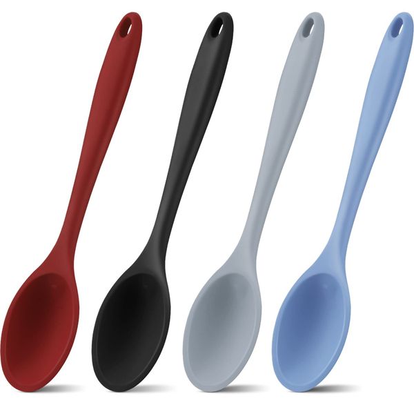 4 Pieces Large Mixing Spoon Heat Resistant Silicone Basting Utensil Spoon Non Stick Serving Spoon for Mixing, Baking (Red, Black, Blue, Gray)