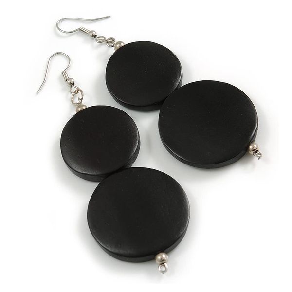 80mm Long/Black Painted Double Round Wood Bead Drop Earrings