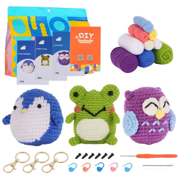 Nutgun Beginners Crochet Kit, Crochet Kit for Beginners Adults and Kids,Complete Crochet Set to Make 3PCS Animals,Include Yarn, Eyes, Stuffing, Crochet Hook,Step-by-Step Instruction and Video Tutorial