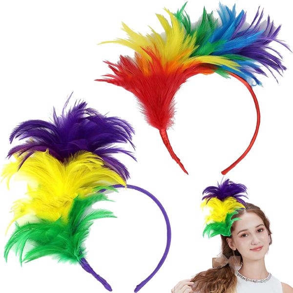 2 Pcs Rainbow Feather Headband, Pride Accessories Colorful Feather LGBT Hair Accessories for Party Cosplay Costume Supplies