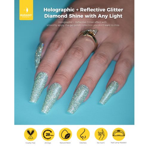 BURANO Reflective Gel Nail Polish, 7.3ml Reflective Diamond Nail Glitter Gel Polish, Sparkly Color Gel Polish Holographic Glitters Shiny Gel Polish UV Lamp Required (JL11)