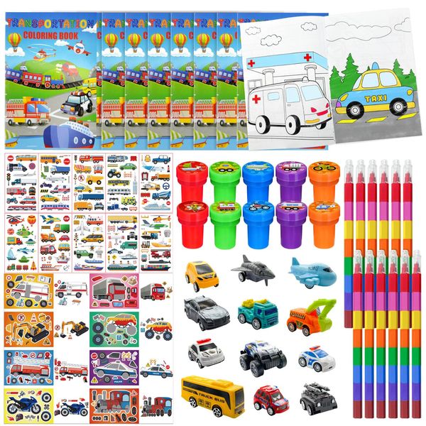 72Pcs Transportation Party Coloring Book with Crayons Bulk，Vehicle Car Party Favors Goodie Bags Fillers,Hot Wheels Birthday Party Supplies Face Stickers Tattoo Prizes Gift for Wheels Car Party