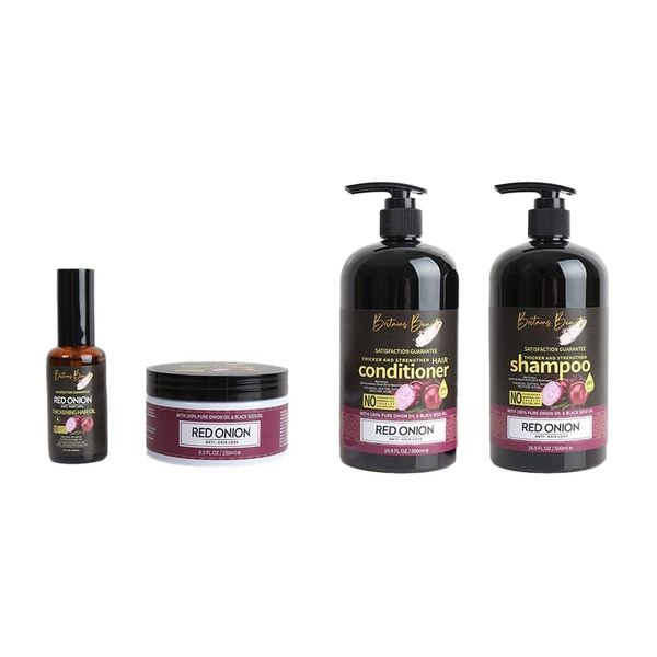 Britains Beauty 4 Pcs Hair Growth Set - Ginger & Tea Tree, Red Onion, Rosemary & Mint for Nourishment, Shampoo, Conditioner, Mask, and Oil for Complete Hair Care (Standard, Red Onion)