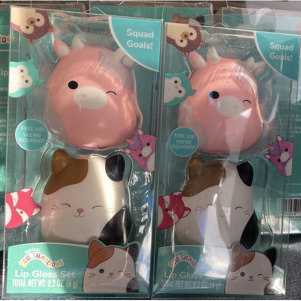 🎄 2X Original Squishmallows Lip Gloss (2) Sets of 2 Caedyn & Cam Pink Cow NEW