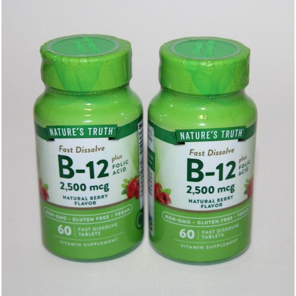 LOT (2) NATURE'S TRUTH B-12 2500MCG 60 FAST DISSOLVE TABLETS EXP 1/2027