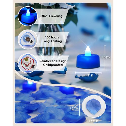 Amagic 2000 Pieces Blue Artificial Rose Petals with 24 Blue Heart LED Tea Lights, Rose Petals and Candles Set for Proposal, Anniversary, Romantic Night, Wedding Decor