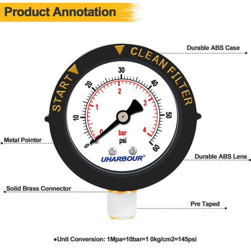 UHARBOUR 60psi Pool Filter Pressure Gauge, 2" Dial with Protection Case and 1/4"NPT Center Bottom Mount, Pool Pressure Gauge for Swimming Pool Filter