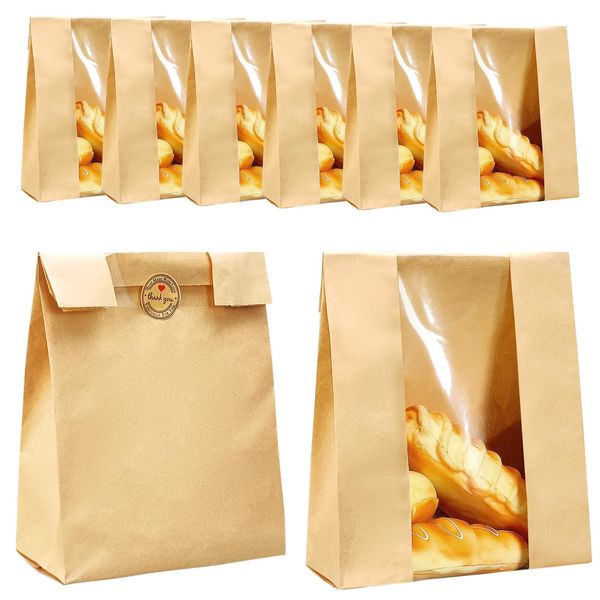 50 Pack Kraft Sourdough Bread Bags with Thank You Stickers,Large Paper Bakery Bags with Clear Window for Homemade Bread, Baked Food Packaging Storage,Bread Bags(13.7x8.2x3.5 inch) (Brown)