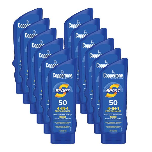 Coppertone SPORT Sunscreen SPF 50 Lotion, Water Resistant Sunscreen, Body Sunscreen Lotion, 7 Fl Oz (Pack of 12)