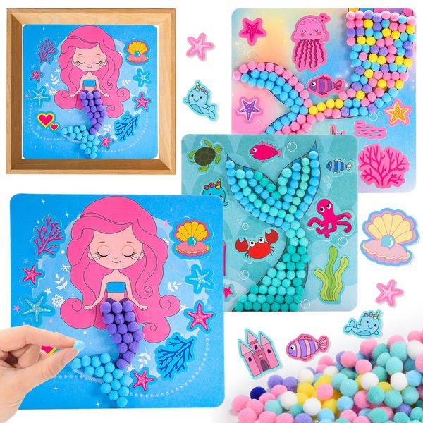 Girls Gifts DIY Toy Set 3PCS 7.9-Inch, Pom Pom Crafts & Art Kits Mermaid Crafts Gifts for Girls Age 2 3 4 5 6, Toddler DIY Toys Crafts Kits for Sensory Activity, Birthday Christmas Gifts for Girls 3-8