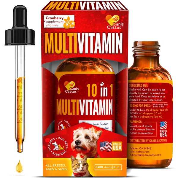 Liquid Multivitamins for Pet | 10 Essential Vitamins for Cat & Dog | 2 Oz
