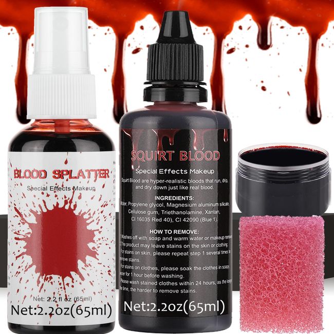 CCbeauty 5.4oz Halloween Fake Blood Makeup Kit - Blood Spray+Squirt Blood+Coagulated Gel, Realistic Washable for Special Effects SFX Makeup Set Zombie Vampire Monster Mouth Clothes Cosplay Dress Up