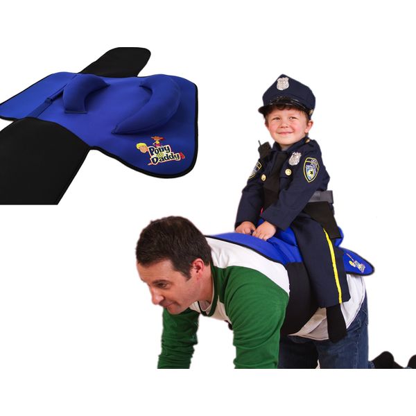 Pony Up Daddy - Neoprene Parent Saddle with Easy Close Strap - Features Padded Seat and Grab Handle for Safe and Comfortable Play Pony Rides - Fits Up to 50" Chest Size - Sheriff Blue