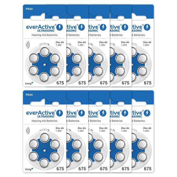 everActive 675, 60 Pack, Hearing Aid Batteries, High Performance, Zinc Air Batteries, 10 Blister Cards, 4 Year Shelf Life, Blue, Ultrasonic PR44