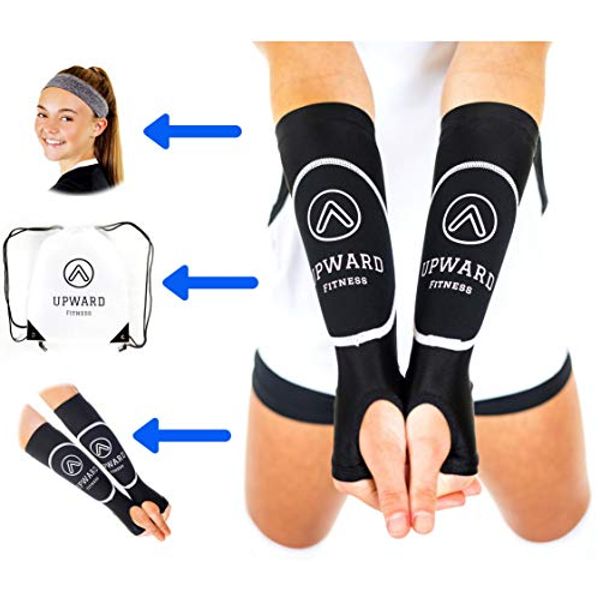 Upward Fitness-Volleyball Padded Passing Sleeves, Arm and Wrist Protection With Thumbhole, Carrying Bag and Headband Included, for Girls and Boys (XS/S Black)