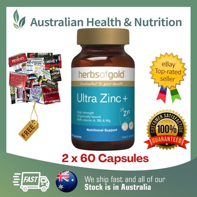 2 x HERBS OF GOLD ULTRA ZINC PLUS 60 CAPSULES + FREE SAME DAY SHIPPING & SAMPLE