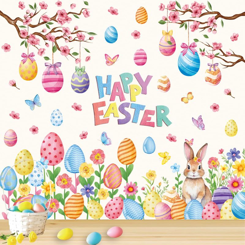 FYSUIMU Happy Easter Wall Stickers Watercolor Egg Tree Flower Bunny PVC ...