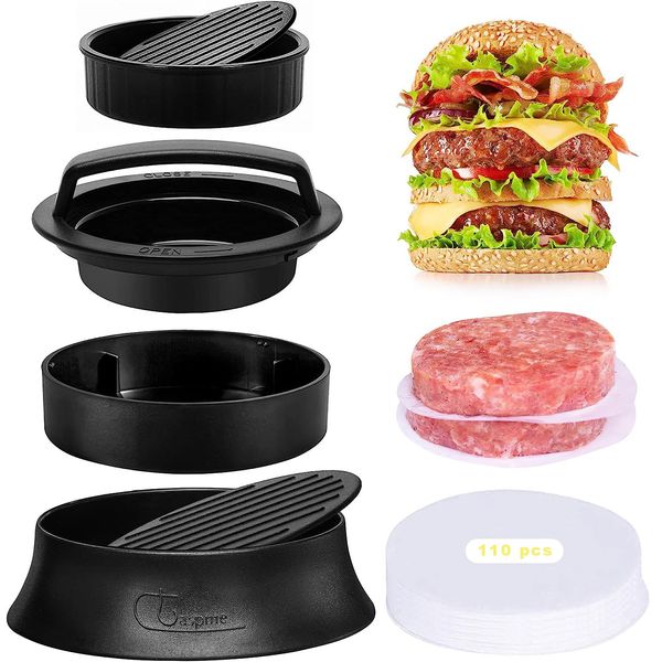 Claspme Burger Press with 110 Wax Paper Sheets - 3 in 1 Nonstick Hamburger Patty Maker for Perfect Round & Delicious Stuffed Burgers