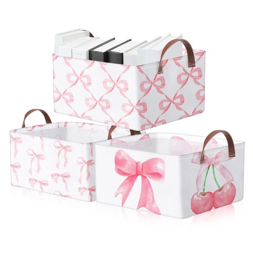 Boao 3 Pcs Coquette Pink Bow Storage Bin Collapsible Large Storage Baskets for Gifts Empty Candy Holiday Decor Canvas Laundry Basket Foldable Box with Handle for Office Home Bedroom Clothes