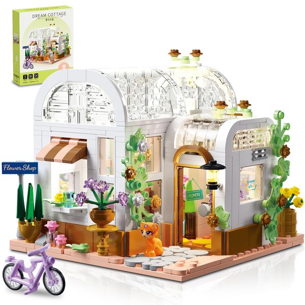 Flower House Building Sets with LED Lights Mini Greenhouse Garden Building Toy French City Street Architectural Friends House Building Blocks Kit for Adults Collection Ideas Gifts 561 Pieces